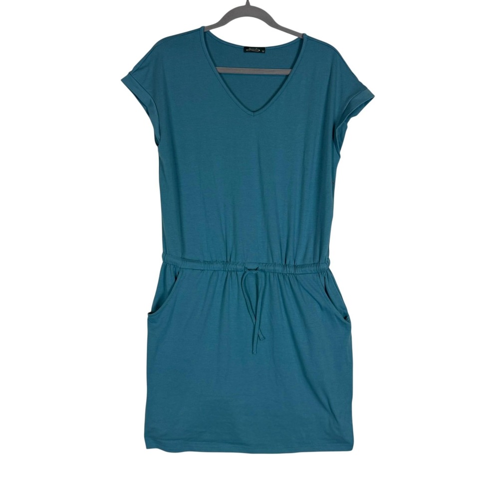 Ofeefan Dress Womens M Blue V Neck T-Shirt Short Sleeve Pockets Drawstring Waist